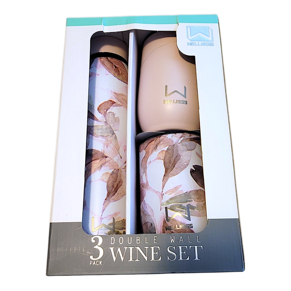 Wellness Double Wall Wine 3 Pc Set - Cream and Brown Floral Design